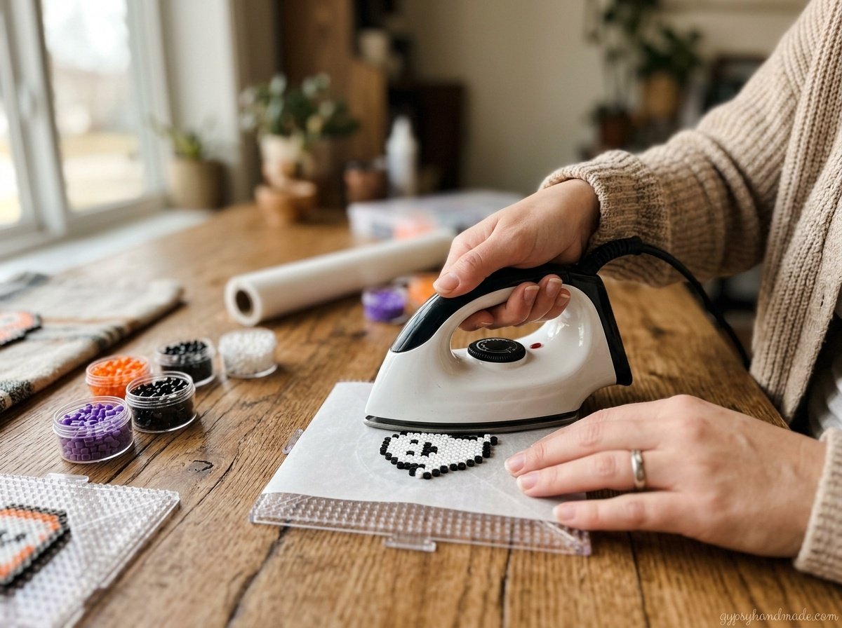 Crafter ironing a mini perler bead pattern covered with parchment paper on a wooden workspace