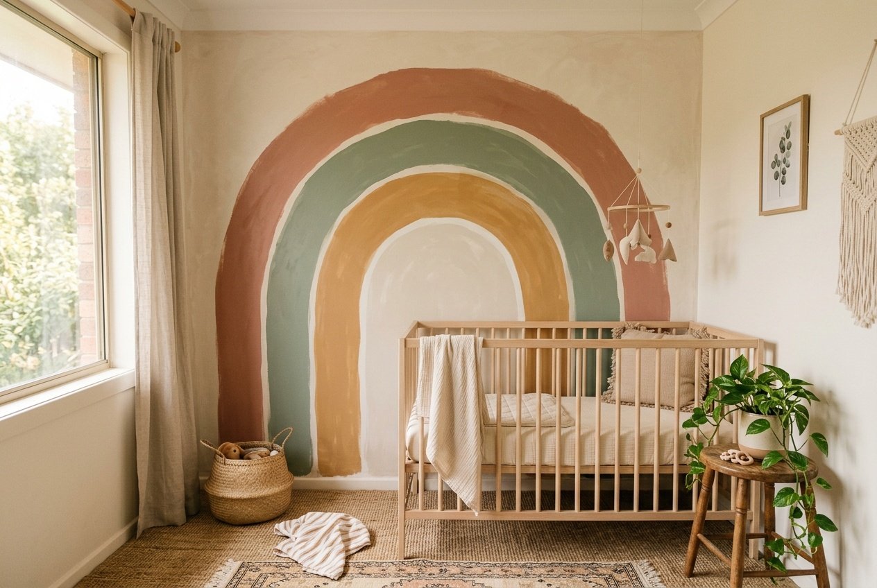 DIY painted arch mural on a cream nursery wall in dusty terracotta and sage green boho tones