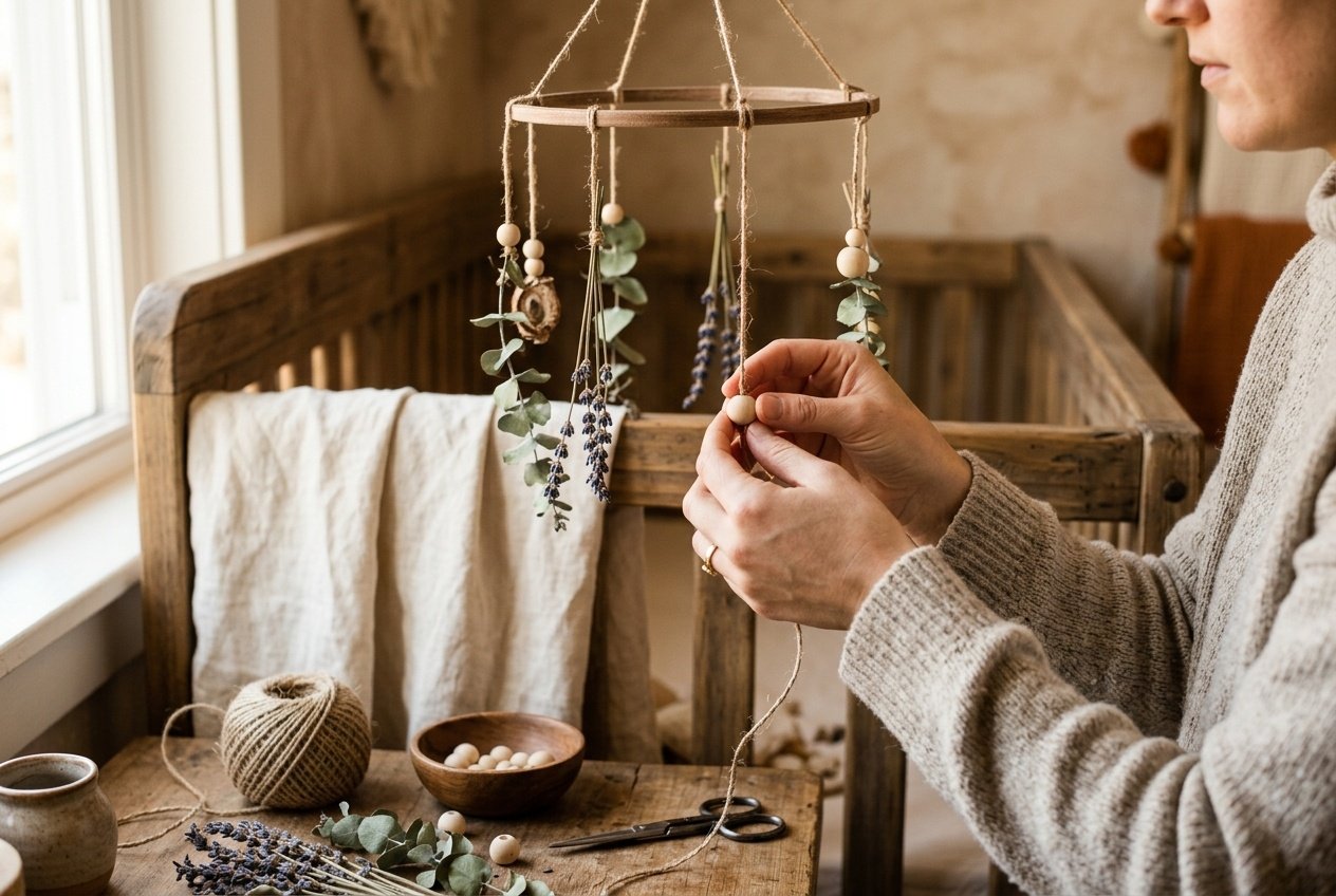 Hands making a DIY boho nursery botanical mobile with dried lavender and jute twine above a wooden cot
