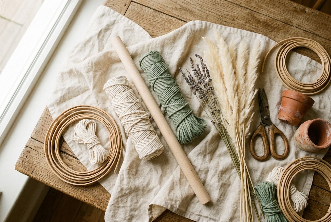 Flat lay of boho nursery decor DIY materials including cotton cord, dried botanicals, and terracotta pots on cream linen