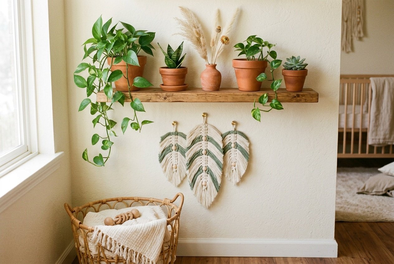 Styled nursery corner with terracotta pots, macrame feathers, and rattan basket on a wooden shelf