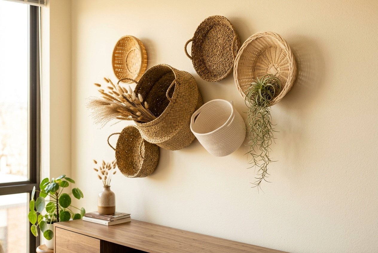Woven basket gallery wall in a small apartment mounted with adhesive strips as renter-safe DIY wall decor