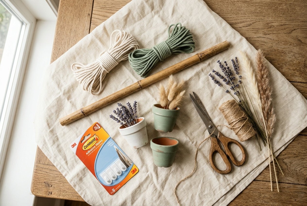 DIY small apartment room decor materials flat lay with cotton cord, terracotta pots, jute twine and dried botanicals