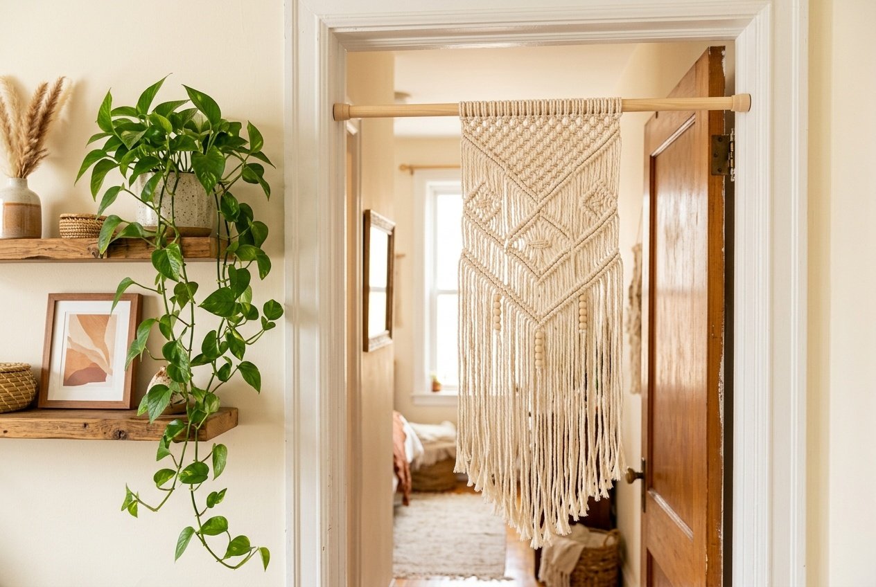 Handmade macrame wall hanging mounted on a tension rod in a small apartment doorway as renter-safe decor