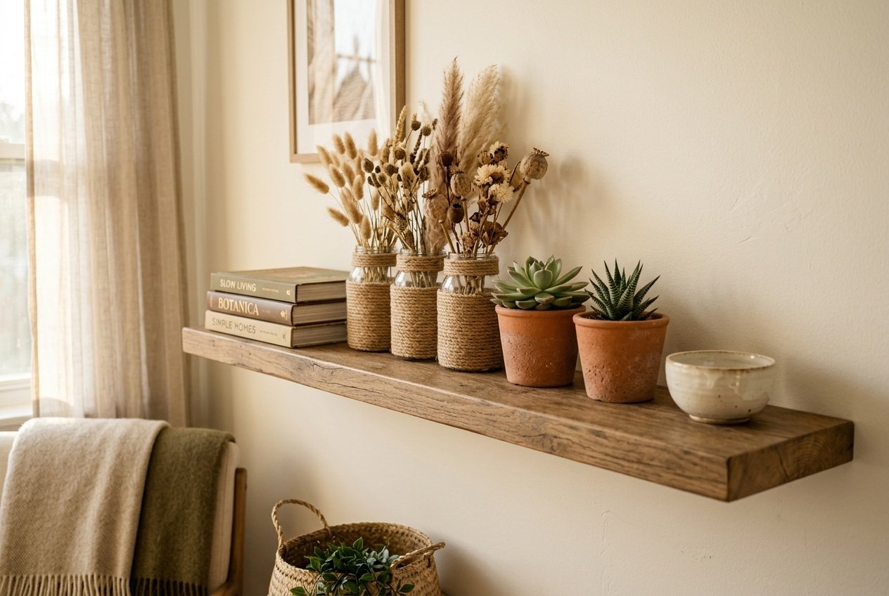 Styled open shelf in a small apartment with jute rope jars, terracotta pots and succulents as handmade DIY decor
