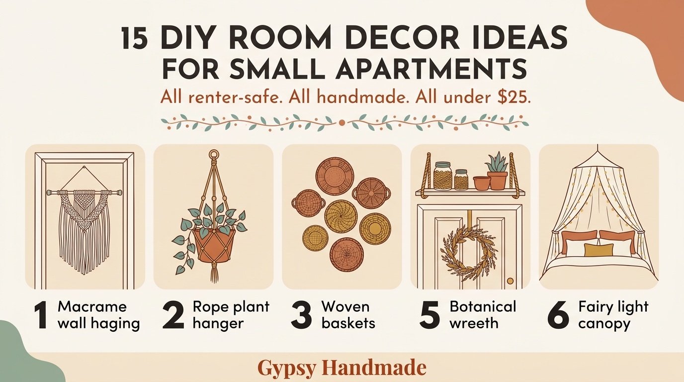 15 DIY room decor ideas for small apartments infographic showing 6 handmade renter-safe craft projects in warm boho style
