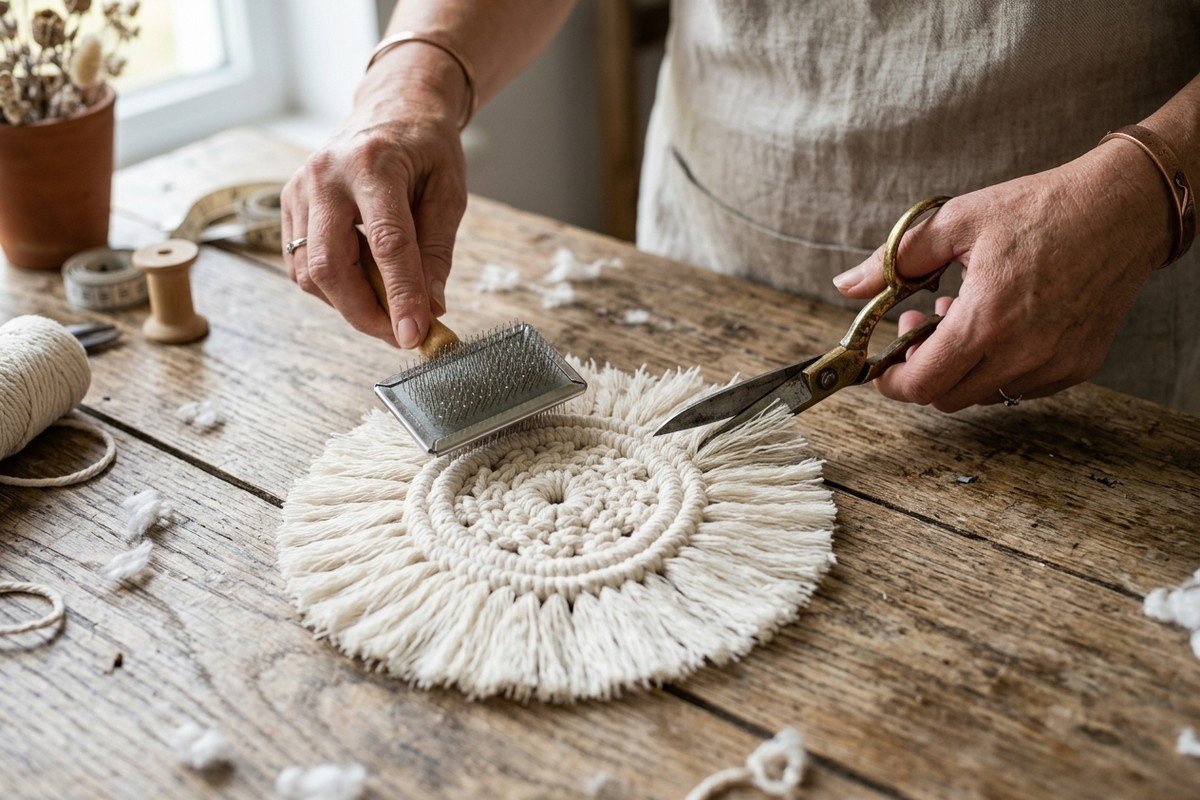 Artisan hands using pet slicker brush and tailor shears to trim fluffy cotton fringe around circular macrame coaster