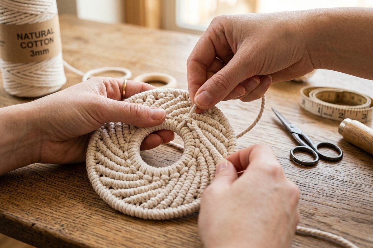 Artisan hands knotting circular round DIY macrame coaster with double half hitch clove knots