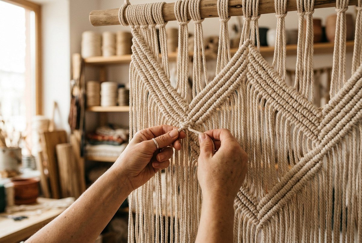 Artisan hands knotting diagonal double half hitch chevron diamond patterns on large macrame tapestry