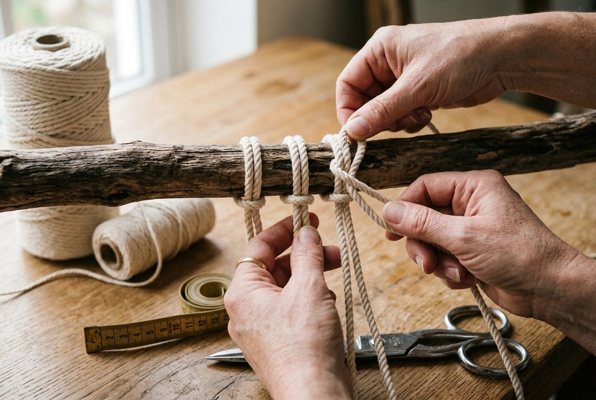 Artisan hands mounting 5mm cotton cord onto a 48 inch natural driftwood branch with Larks Head knots