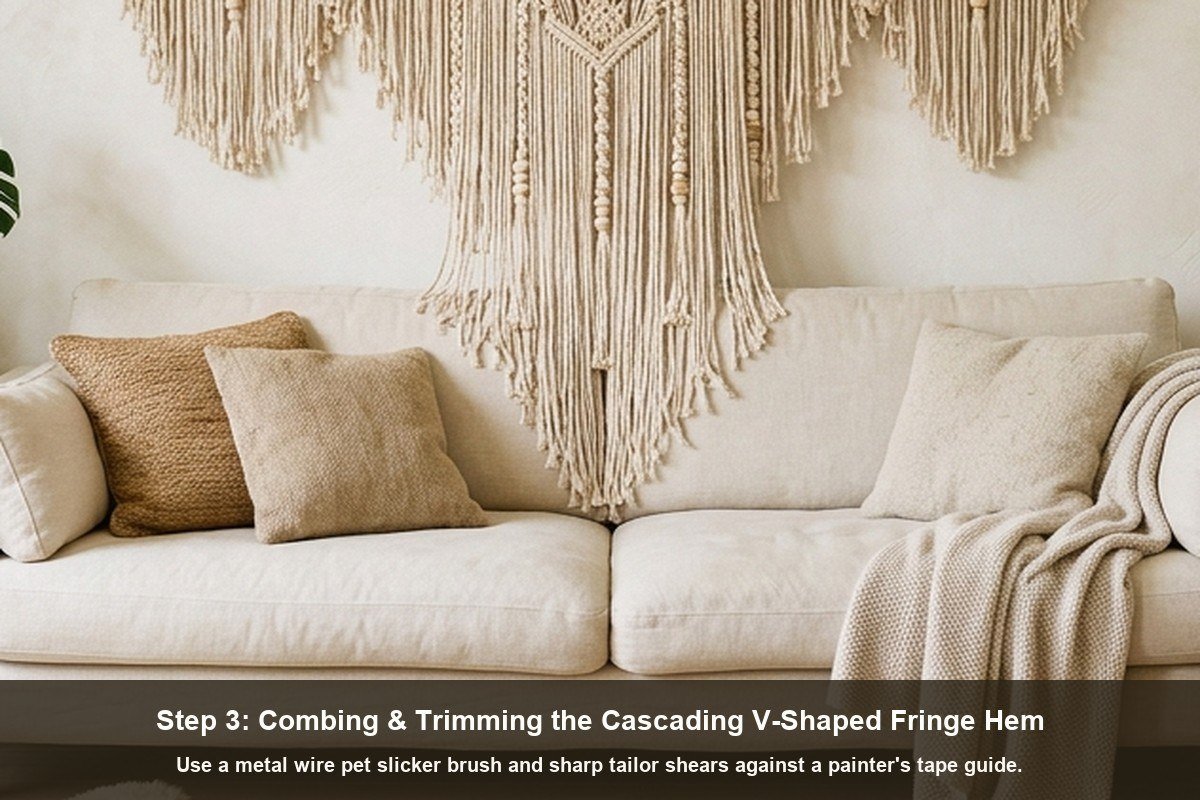 Artisan using tailor scissors and slicker brush to trim dramatic V shaped bottom fringe hem on large macrame wall hanging