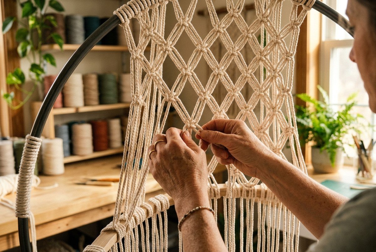 Weaving diamond lattice macrame backrest connecting the 32 inch upper hoop to the seat