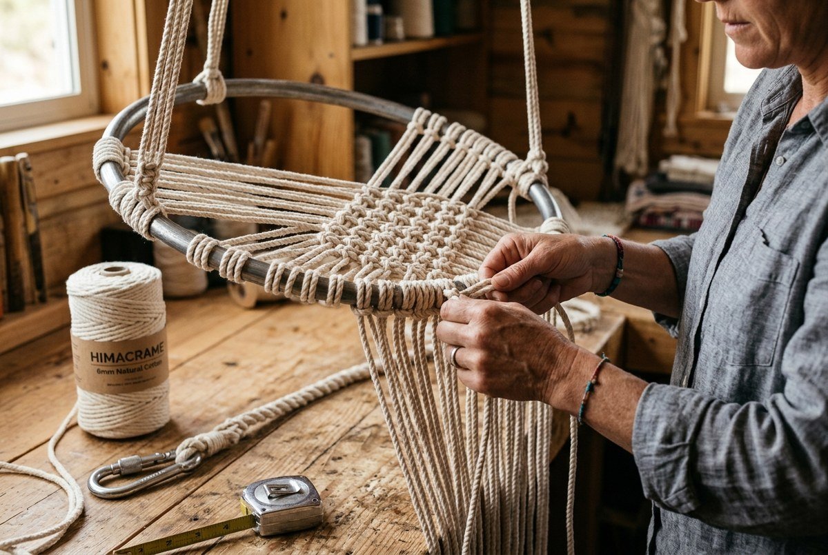 Artisan hands knotting the reinforced square knot seat base of a macrame hanging chair