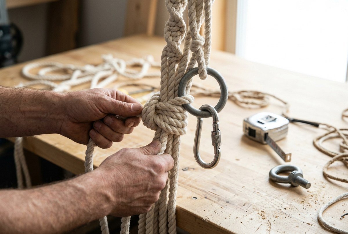 Tying heavy duty spiral half knot suspension ropes and gathering knot around steel ring
