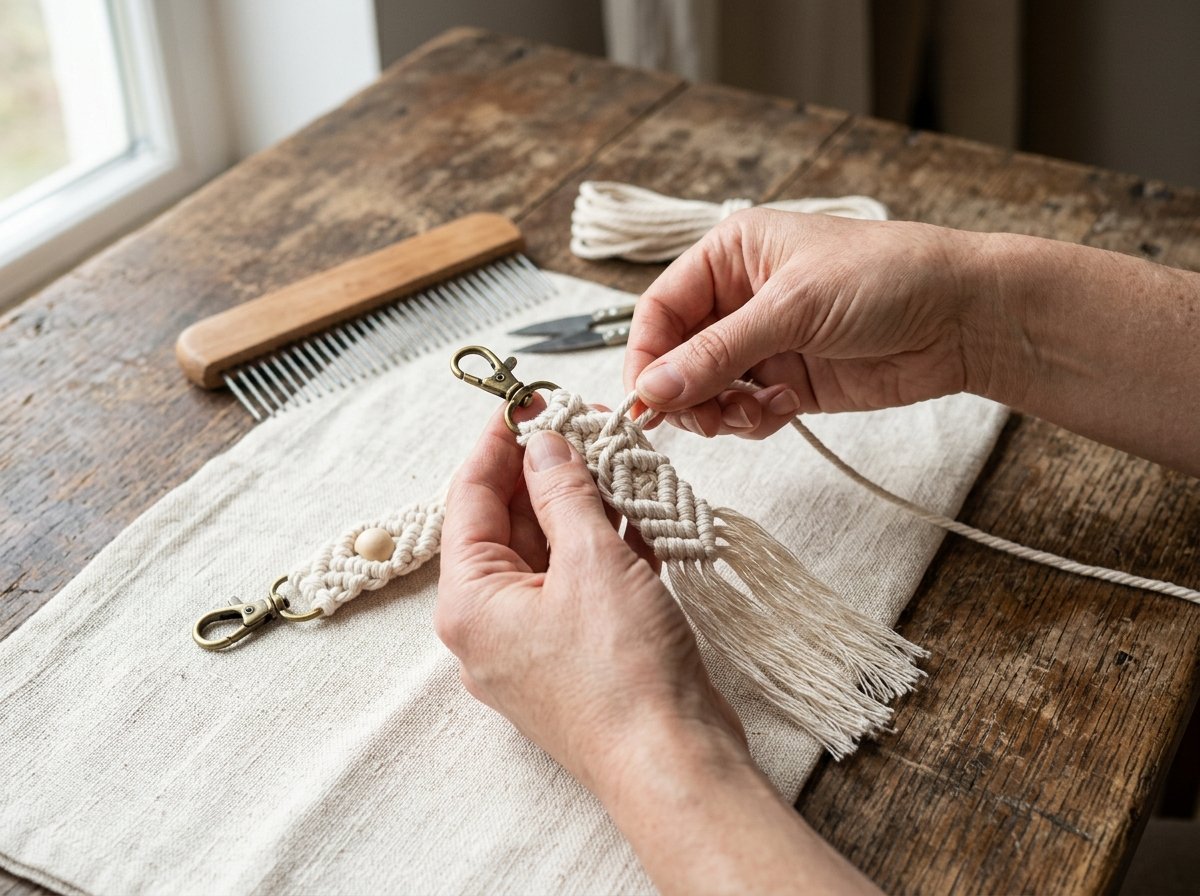 Hands tying a square knot on a beige macramé keychain over a rustic wooden desk