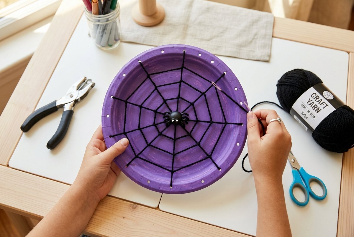 Threading black yarn through a purple painted paper plate to create a spider web craft
