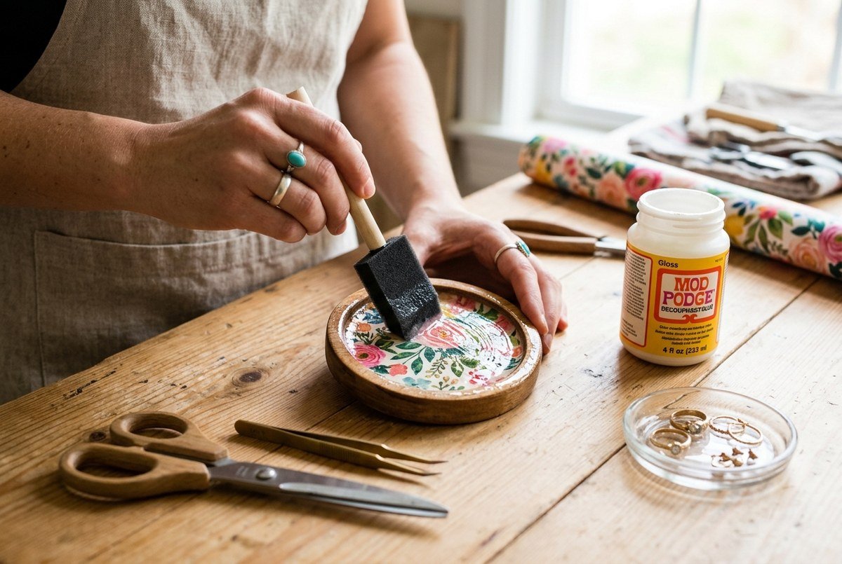Applying Mod Podge to decoupage floral patterned scrapbooking paper onto a wooden jewelry trinket dish