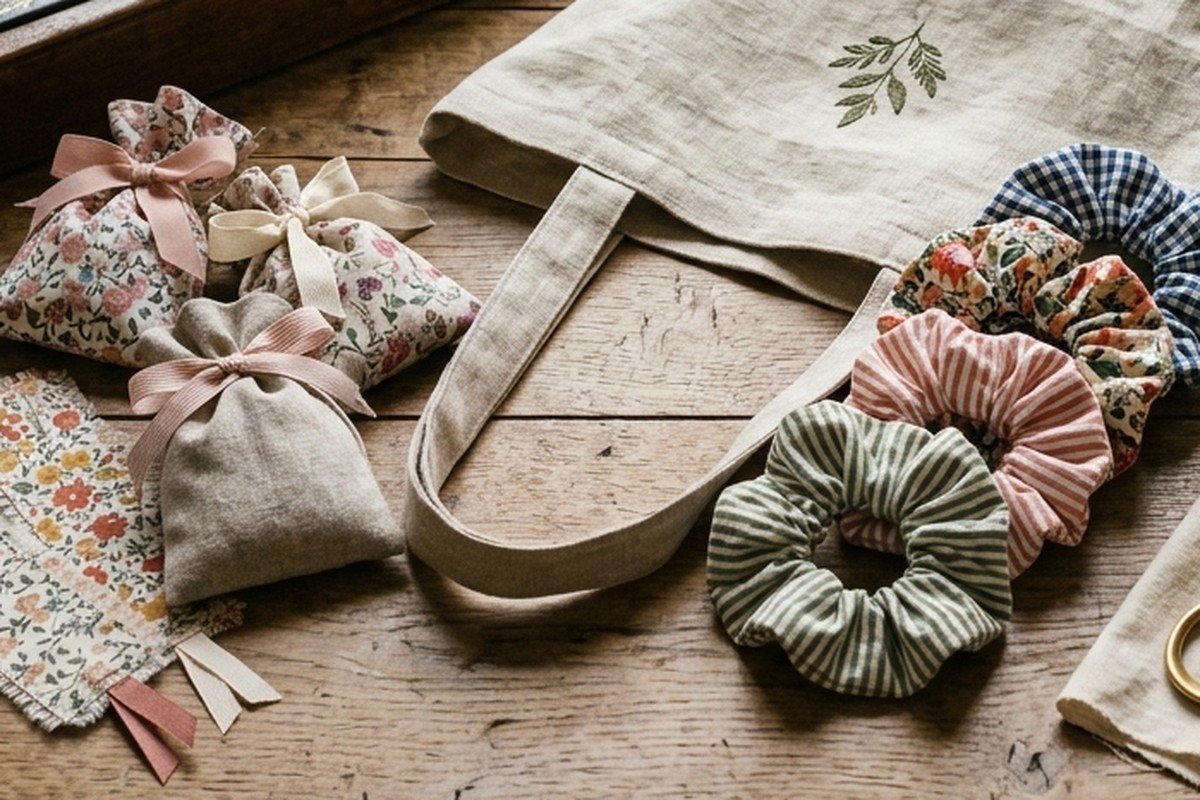 Handmade colorful floral cotton scrunchies and linen lavender sachet pouches on sewing table
