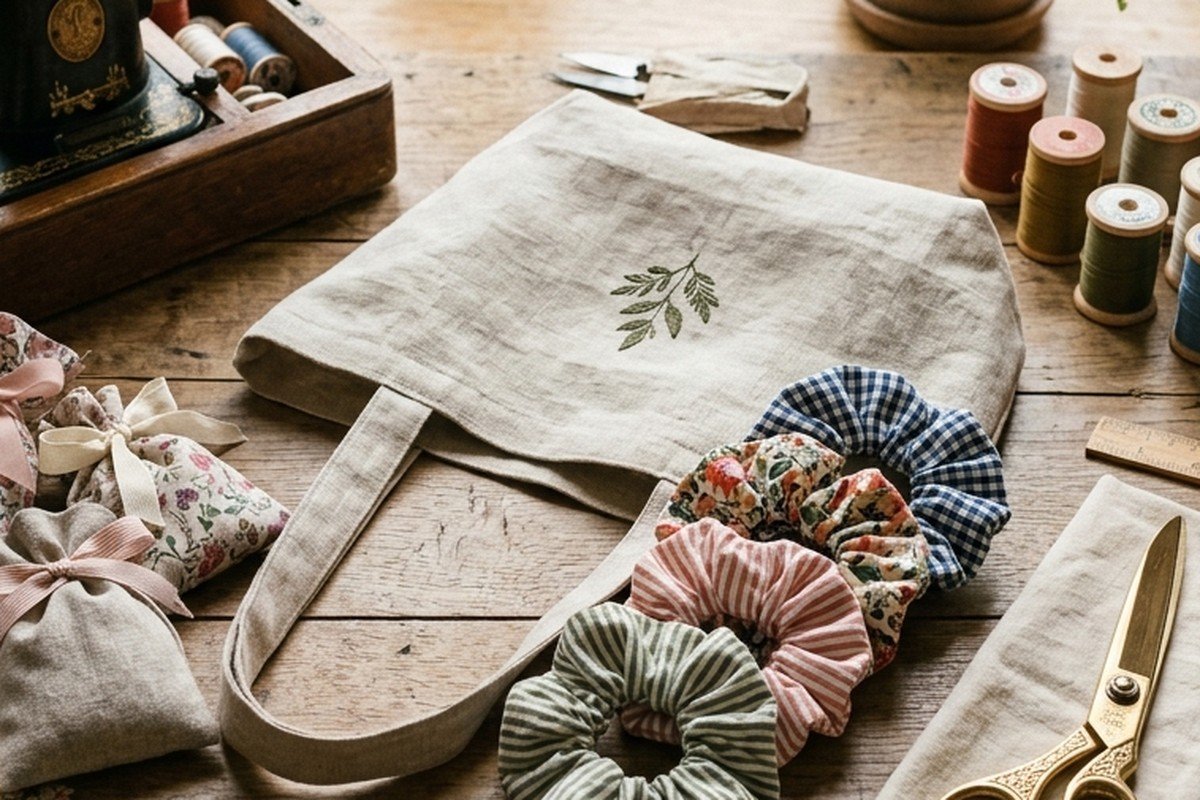 Natural linen tote bag and handmade gift crafts on rustic wooden craft table