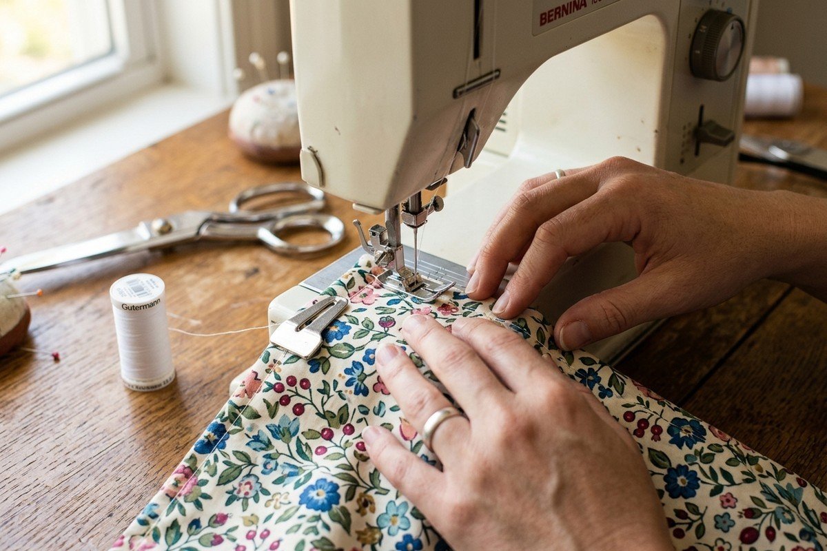 Artisan hands guiding floral cotton fabric under the presser foot of a sewing machine