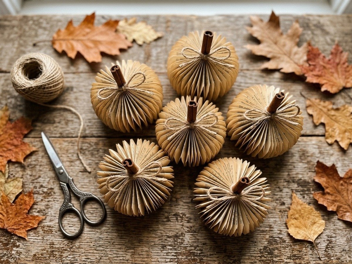 Accordion pleated paper pumpkins crafted from warm construction paper with cinnamon stick stems on wooden table