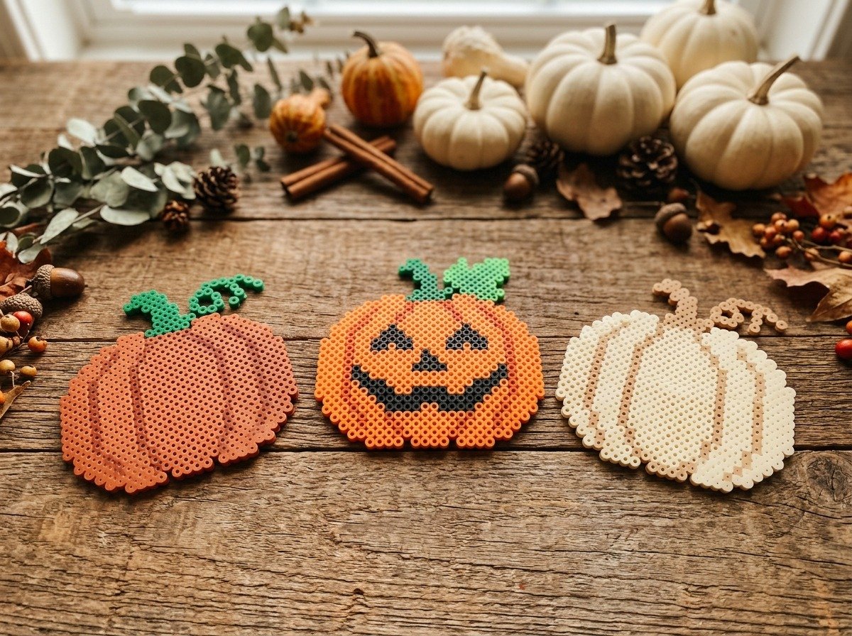 Trio of perler bead pumpkins in terracotta, warm pumpkin orange, and cream displayed on rustic wood with dried autumn leaves