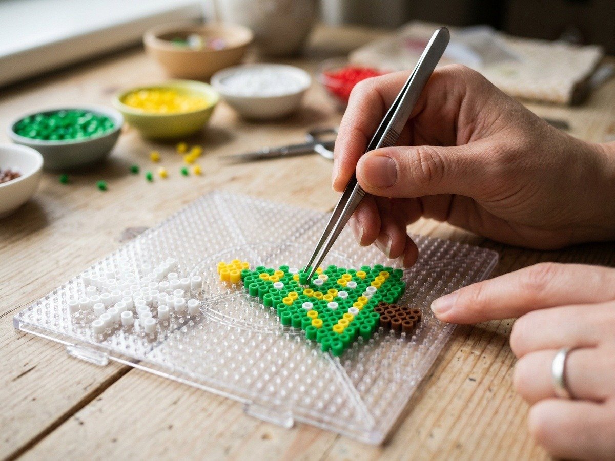 Crafter hands using precision tweezers to assemble Christmas tree and snowflake Perler bead patterns on clear pegboard