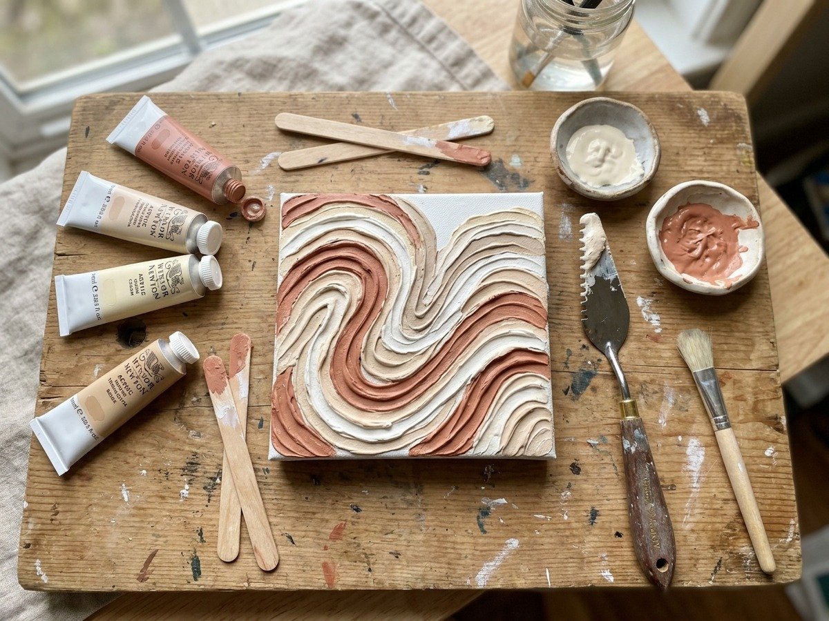 DIY textured canvas art for teens using modeling paste notched palette knives and terracotta acrylic paint
