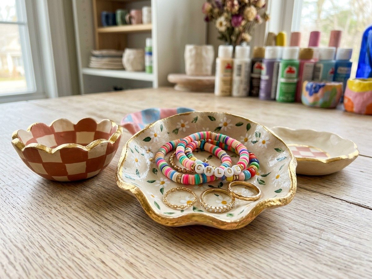 Handmade wavy air dry clay trinket dishes with painted checkered patterns and beaded friendship bracelets