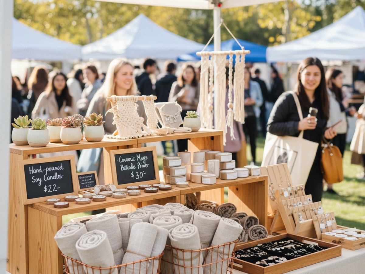 Artisan market craft fair booth with wooden tiered display risers and clear pricing signage