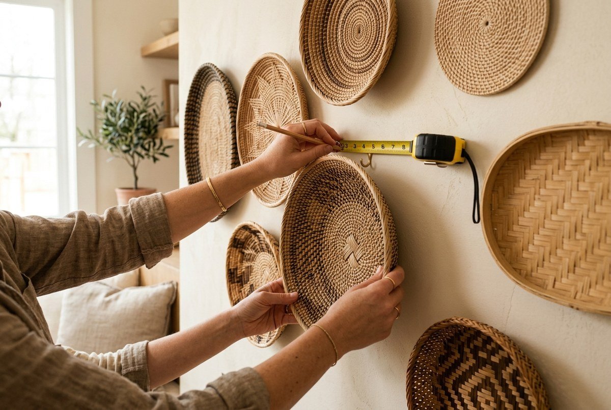 Artisan hands arranging woven seagrass, wicker, and bamboo flat basket trays on warm cream plaster living room wall