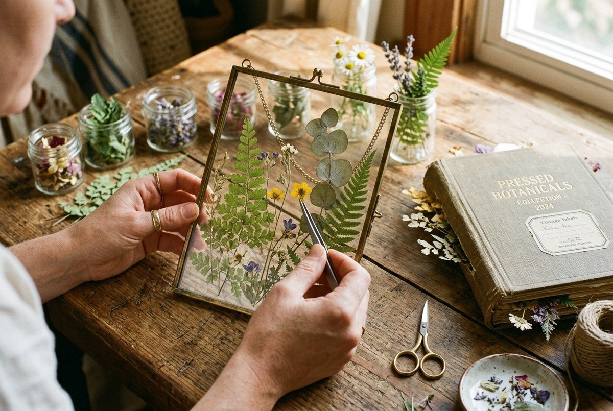Artisan hands arranging delicate pressed green ferns and dried eucalyptus leaves between two glass panes in brass hanging frame