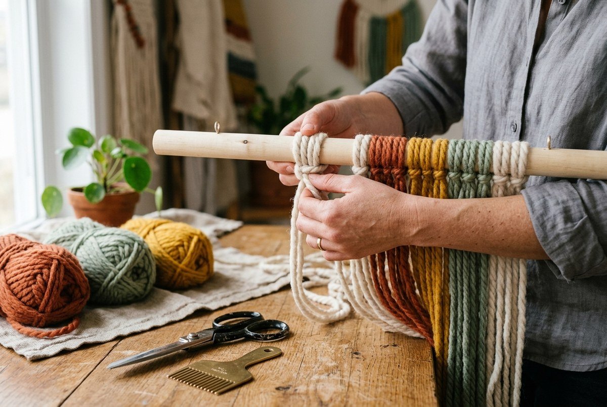 Close-up DIY tutorial photograph of artisan hands knotting modern bohemian yarn wall hanging on smooth birch wooden dowel