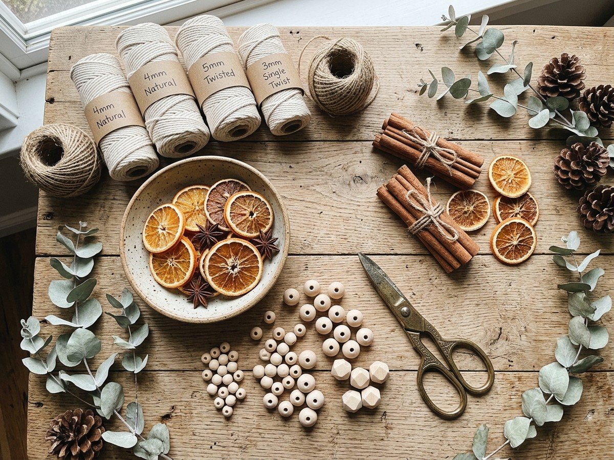 Overhead flat-lay of DIY boho Christmas craft materials on wooden table