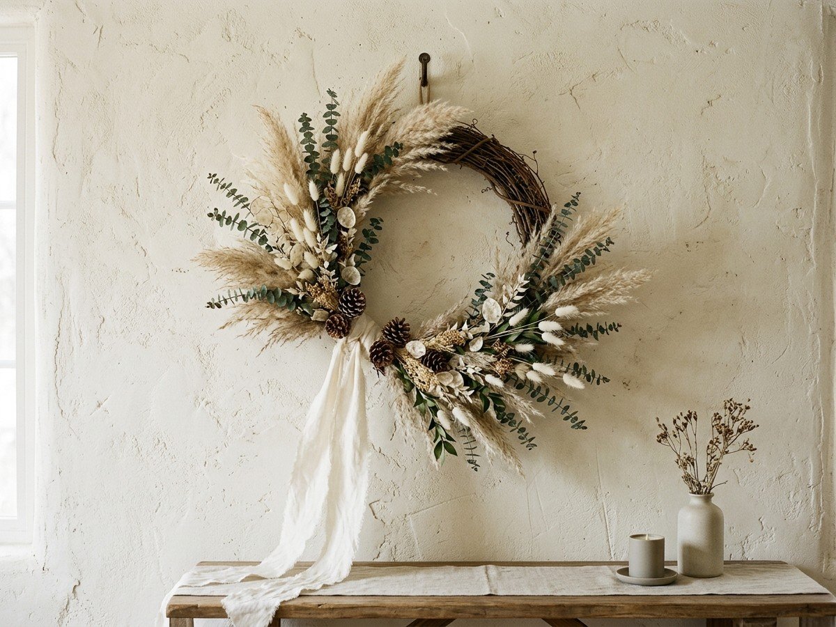 Boho pampas grass and dried floral holiday wreath hung on plaster wall