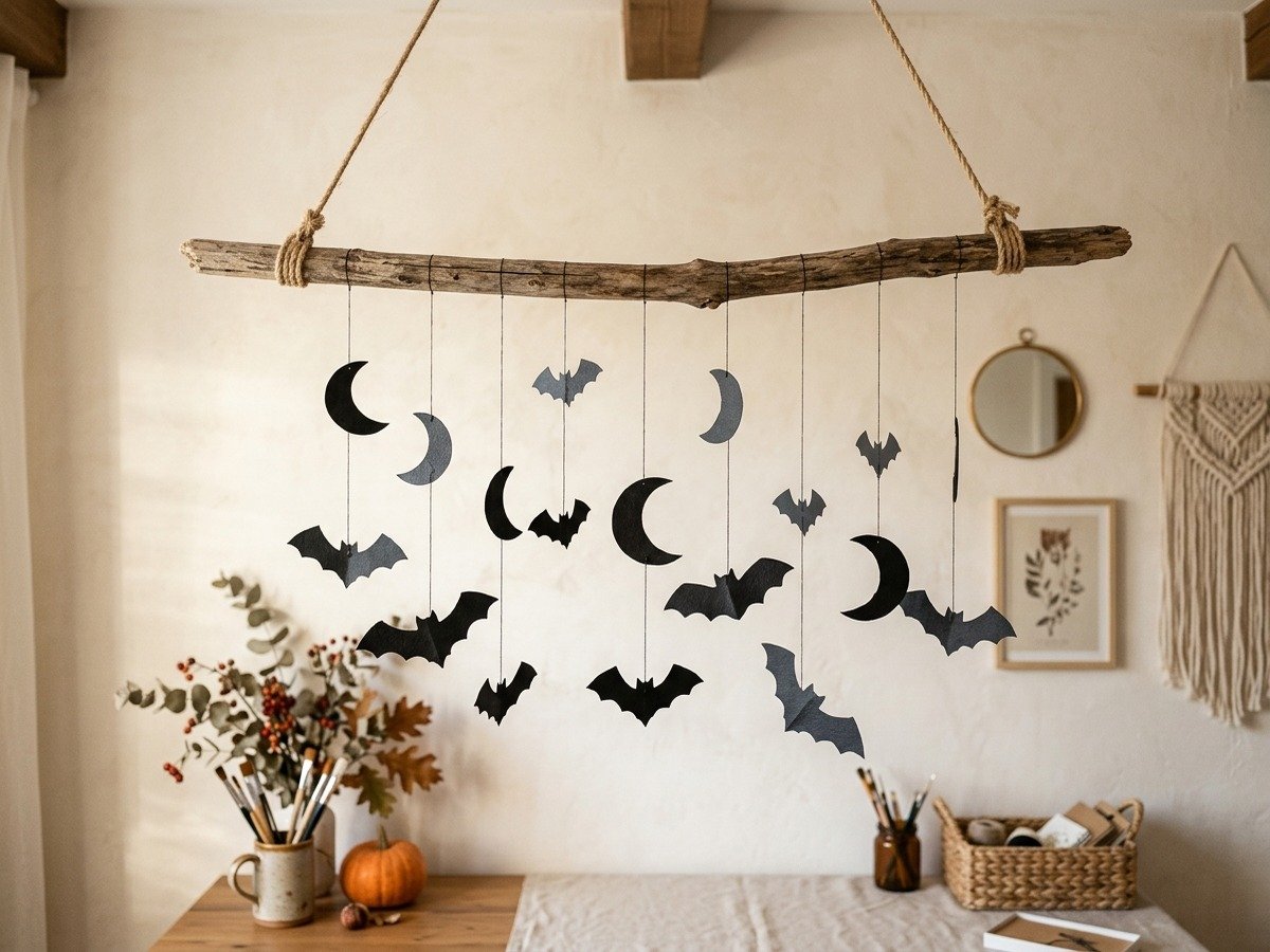 Botanical tree branch hanging mobile with black construction paper bats and crescent moons suspended on jute twine