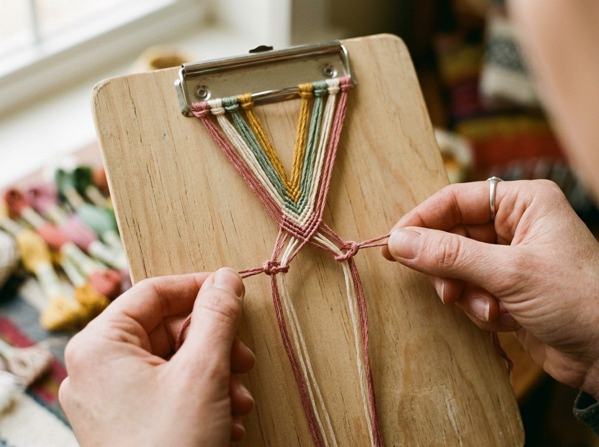 Setting up embroidery floss strands on a clipboard for a chevron friendship bracelet pattern