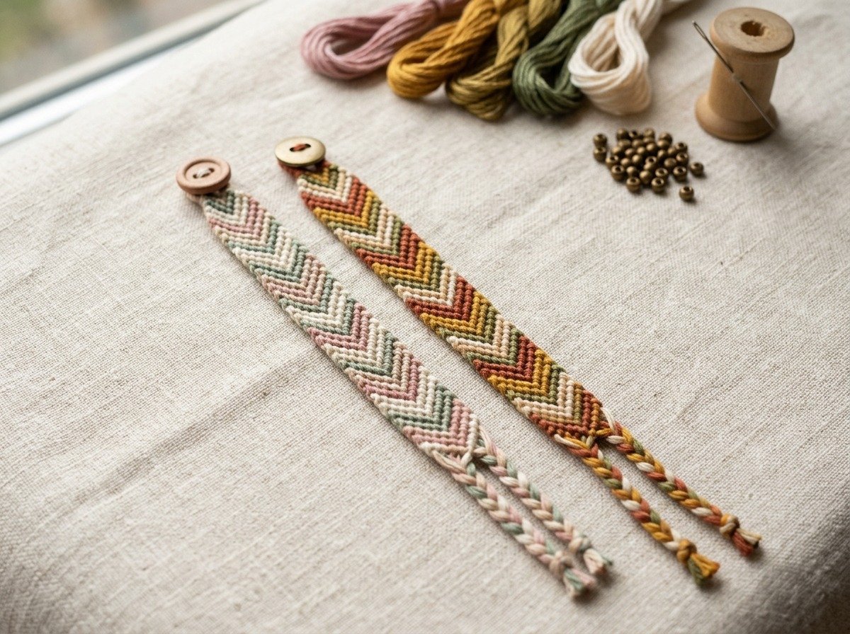 Completed handmade chevron friendship bracelets with neat braided closures and clean edges