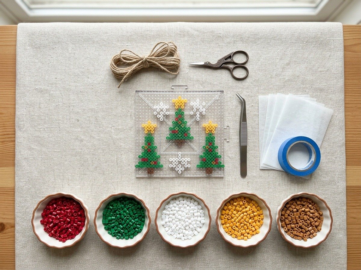 Flat-lay craft table showing Christmas Perler bead supplies including clear pegboard, precision tweezers, festive beads in ceramic bowls, blue painter tape, and jute twine
