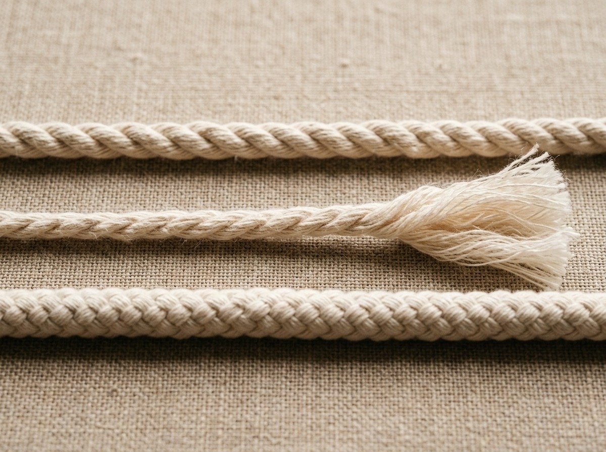 Side-by-side comparison of 3-ply twisted cotton rope, single-strand string, and braided macrame cord
