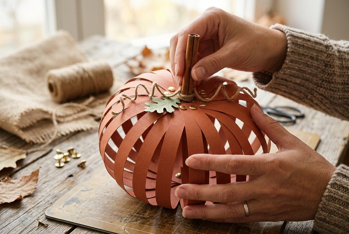 Artisan hands assembling 3D craft paper pumpkin by fanning terracotta strips and inserting cinnamon stick stem