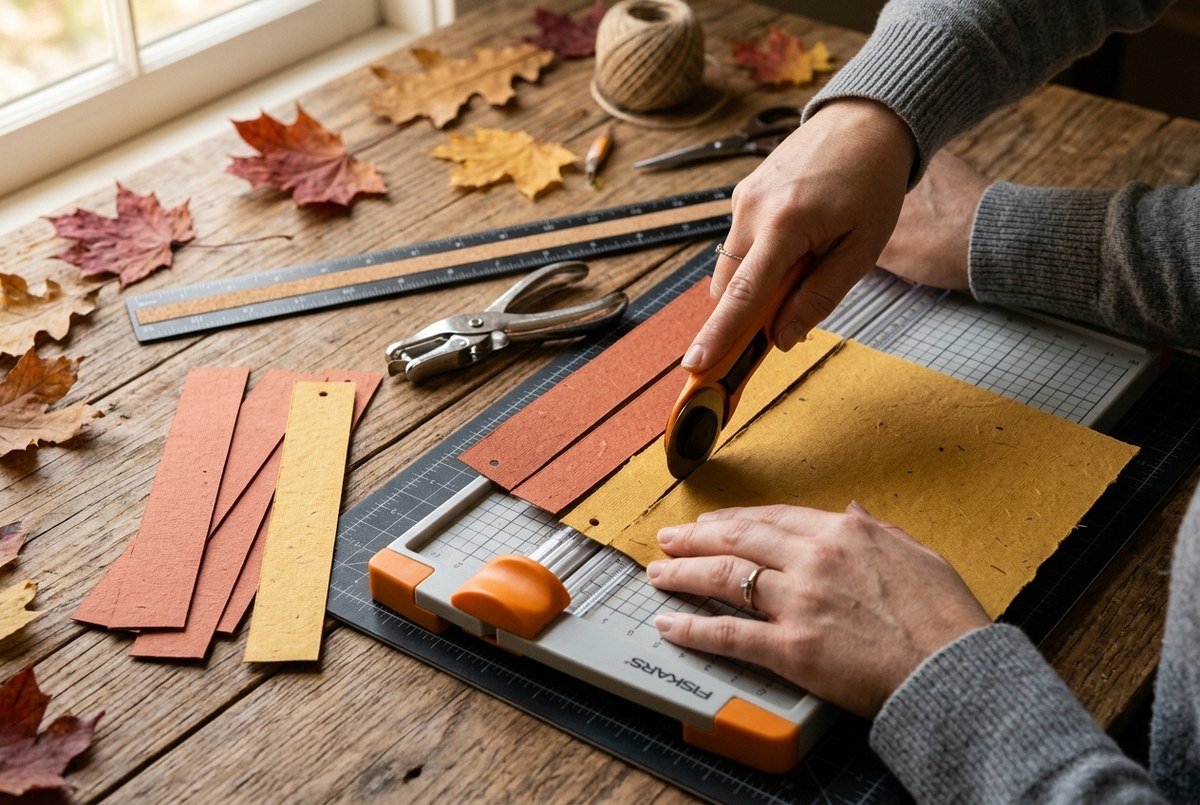 Artisan hands cutting uniform 1-inch strips from textured terracotta and mustard yellow craft paper cardstock using rotary paper trimmer