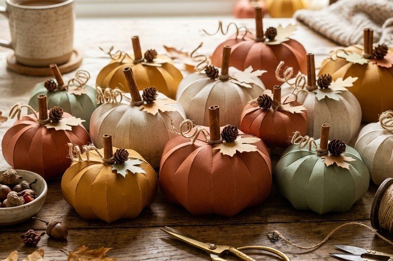 Cluster of finished handcrafted 3D paper pumpkins in terracotta, ochre, and cream styled on rustic wooden table