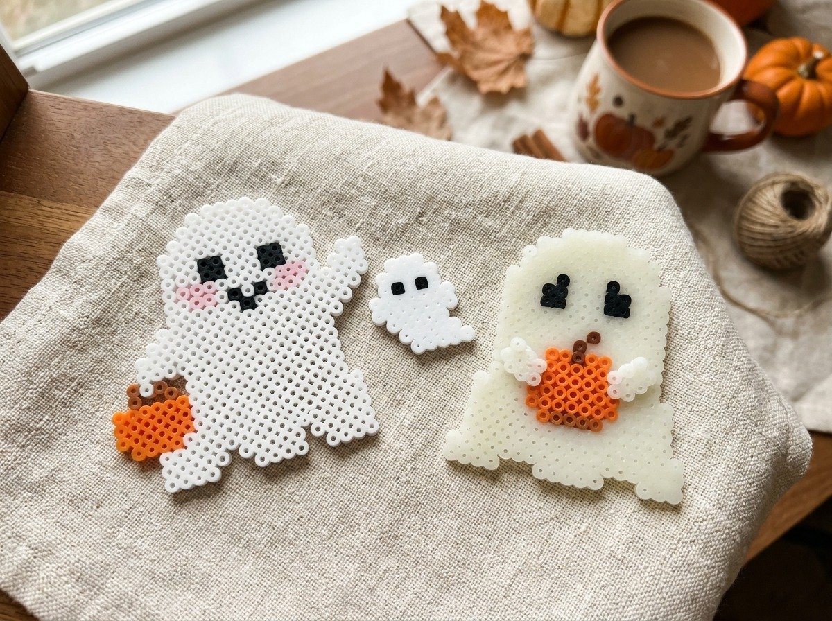 Handmade Halloween perler bead ghosts with delicate blush cheeks and miniature floating pumpkins on cream textured linen
