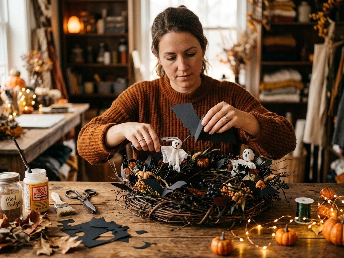 Crafter hands cutting and scoring black construction paper bats on wooden craft table