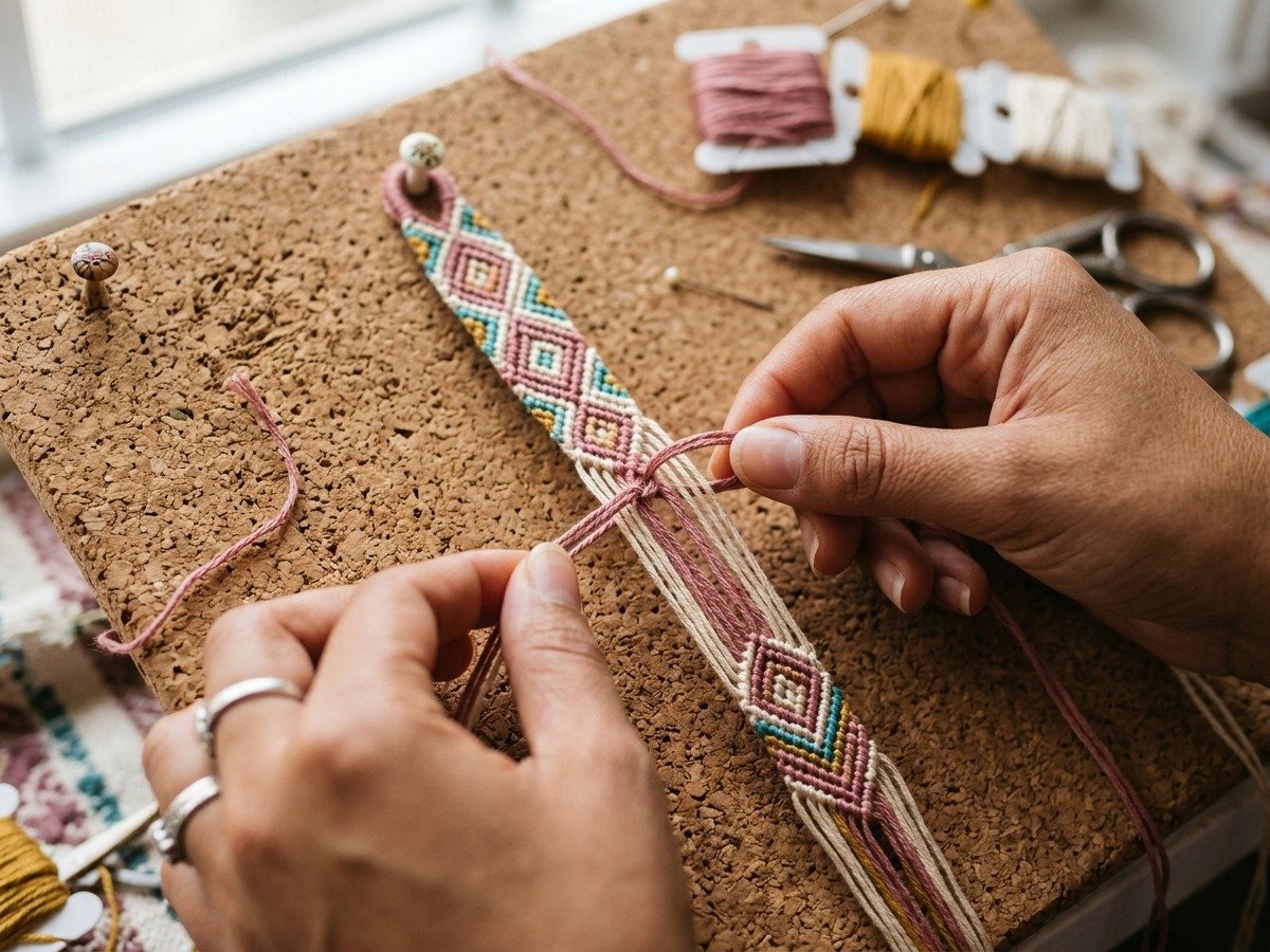 Close-up of hands tying forward and backward knots on cork board creating symmetrical diamond friendship bracelet pattern