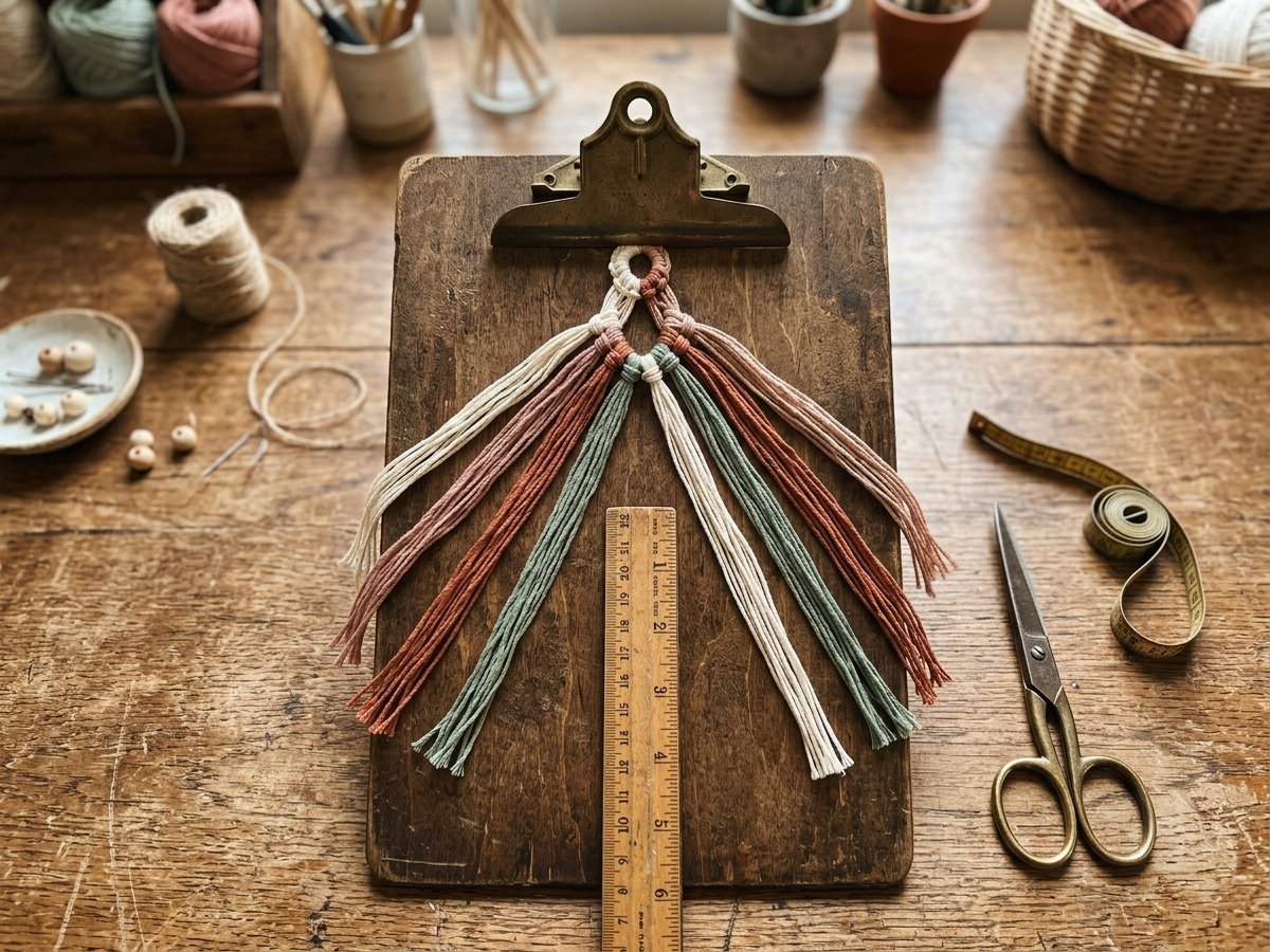 Embroidery floss strands secured on wooden clipboard arranged in symmetrical color order for diamond friendship bracelet pattern