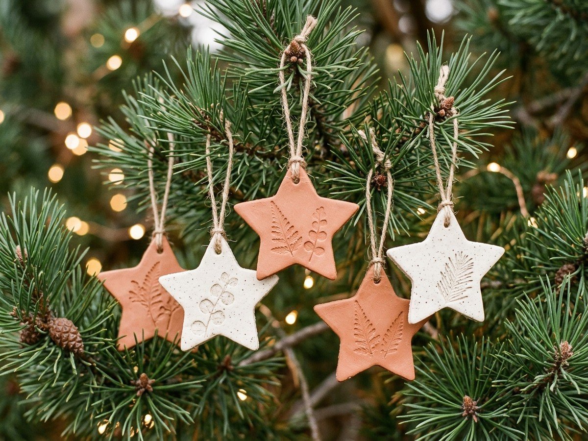 Handmade terracotta and white air-dry clay star ornaments with leaf impressions