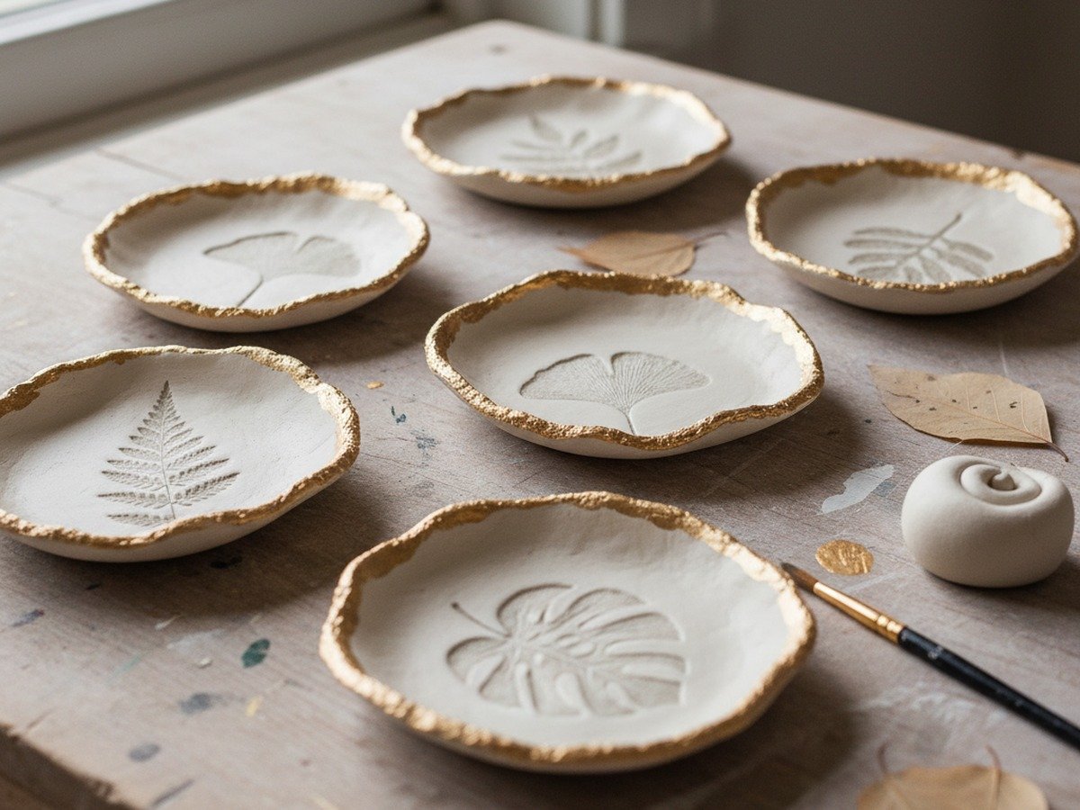 Botanical air-dry clay jewelry trinket dishes with gilded gold leaf rims on wood craft table