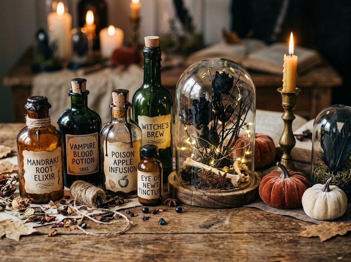 DIY Halloween apothecary potion bottles and botanical cloches with candlelight on rustic wood